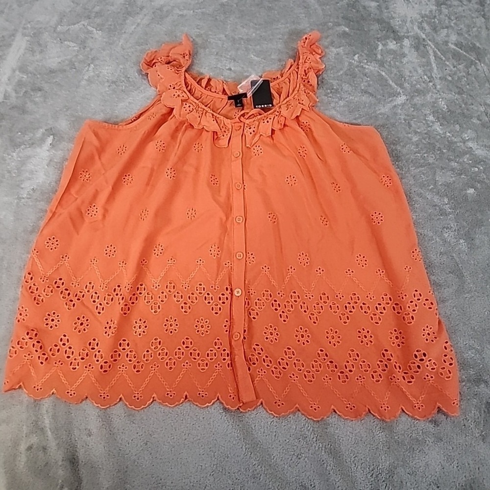 Torrid Tank Top Womens 2 Orange Eyelet Ruffle Tie Front Pullover Casual‎